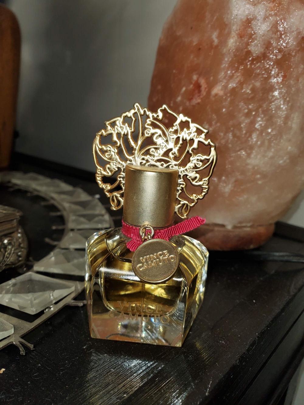 Vince Camuto Women's Gold Ornate Perfume Bottle Necklace Accent - Red Ribbon